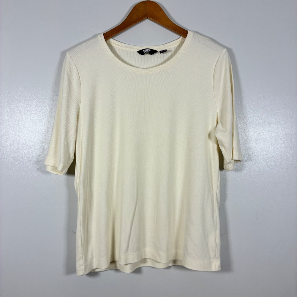Lands End Top L 14-16 Cream Ribbed Knit Elbow Sleeve Crew Neck Classic Capsule